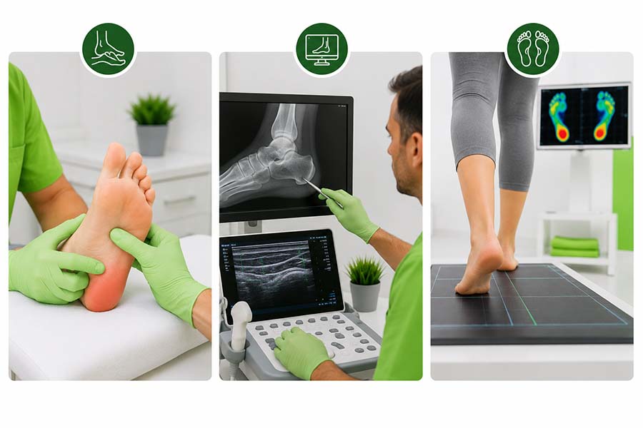 Diagnóstico del espolón calcáneo en CliniSalud Albacete mediante exploración clínica, ecografía musculoesquelética, radiografía lateral del pie y estudio biomecánico de la pisada.