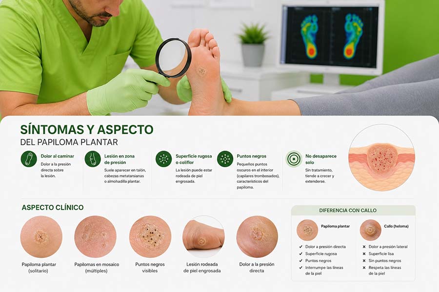 Papiloma plantar en la planta del pie con puntos negros característicos y dolor a la presión, explorado por un podólogo especializado en Albacete.