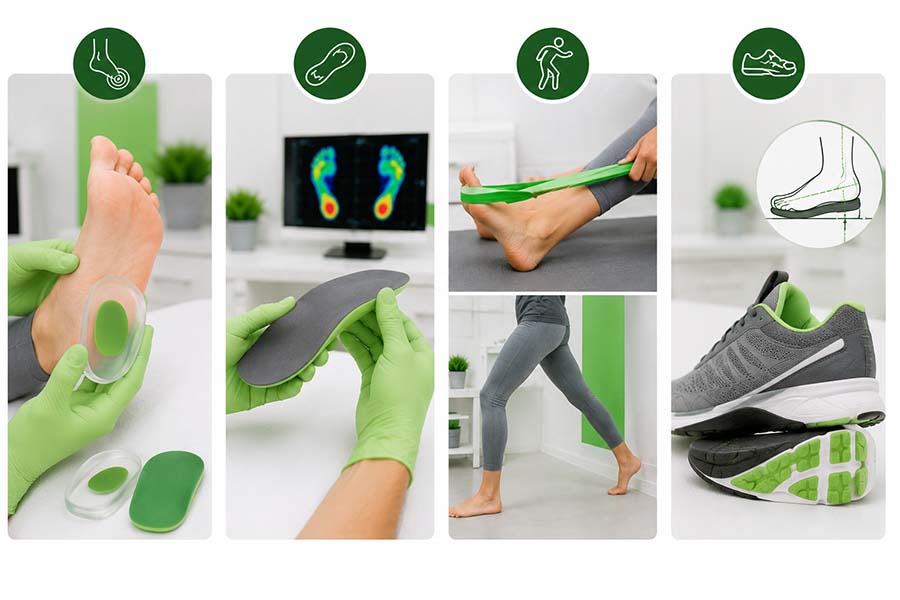 Tratamiento conservador del espolón calcáneo y fascitis plantar con plantillas personalizadas, taloneras y ejercicios de estiramiento
