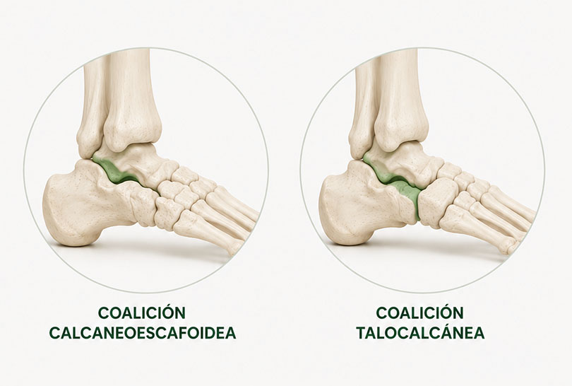 Ilustración anatómica de los principales tipos de coalición tarsal del pie: coalición calcaneoescafoidea y talocalcánea,