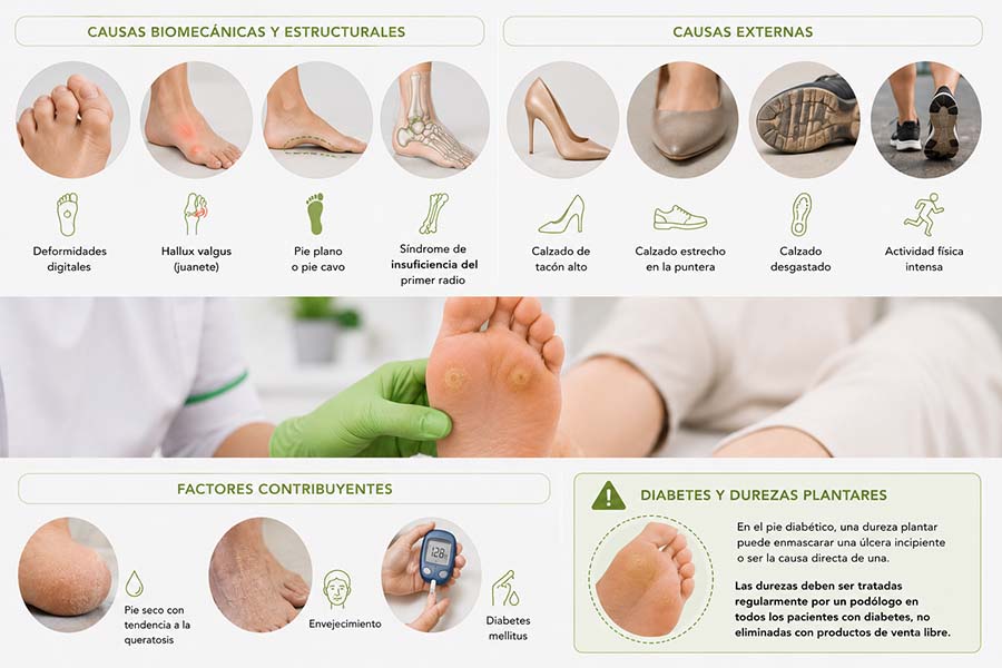 Infografía sobre las principales causas de los helomas y las durezas del pie, mostrando deformidades, calzado inadecuado, sobrecarga mecánica y factores de riesgo como la diabetes.