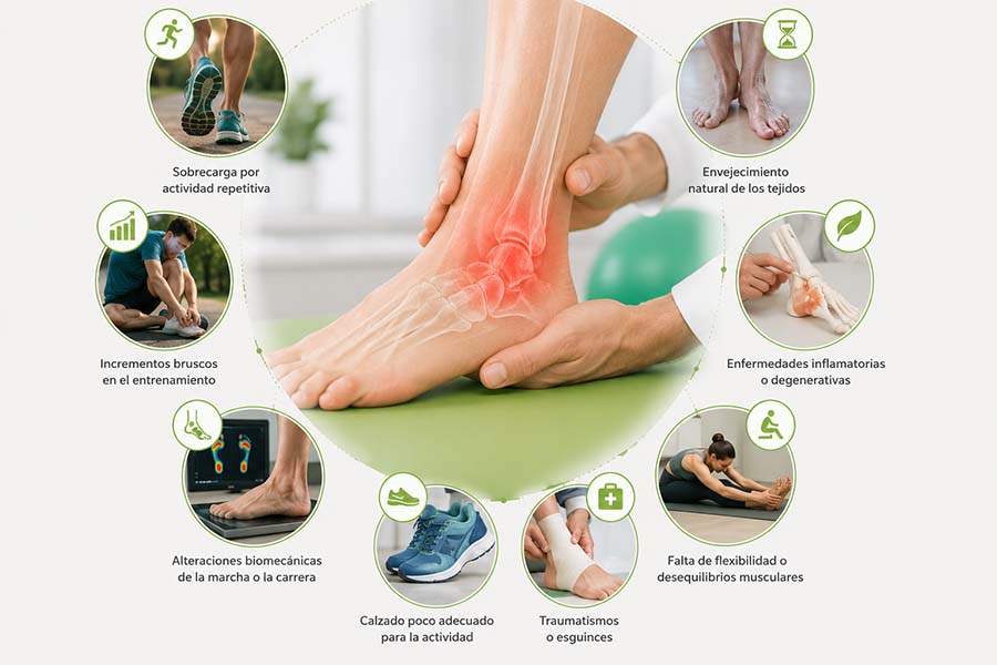 Exploración clínica de las principales causas de las lesiones musculares, tendinosas y ligamentosas del pie, como sobrecarga, alteraciones biomecánicas y traumatismos.