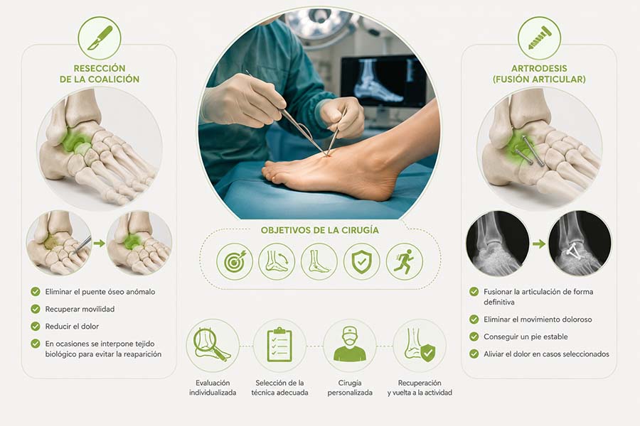 Cirugía de coalición tarsal mediante resección o artrodesis para recuperar la función y aliviar el dolor del pie.
