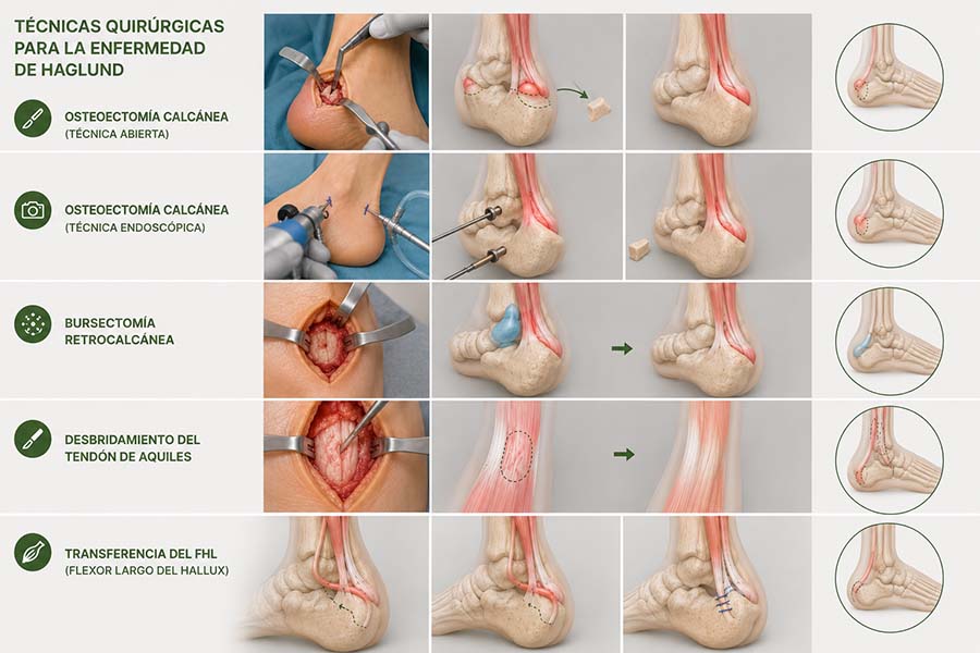 Cirugía de la enfermedad de Haglund mediante osteoectomía calcánea, bursectomía retrocalcánea y desbridamiento del tendón de Aquiles para tratar el dolor del talón.