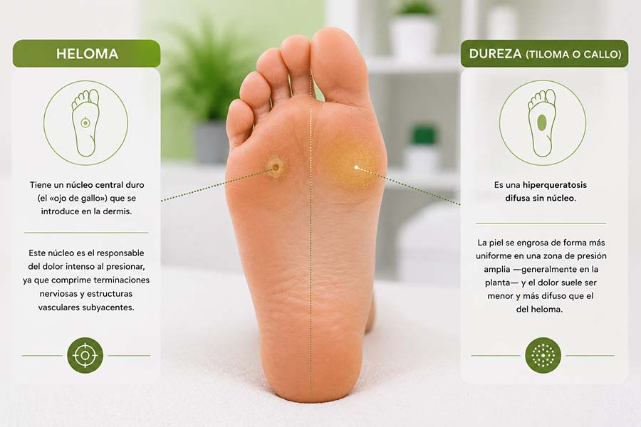 Comparación visual entre un heloma y una dureza en la planta del pie, mostrando las diferencias entre ambas lesiones por presión durante una exploración podológica.