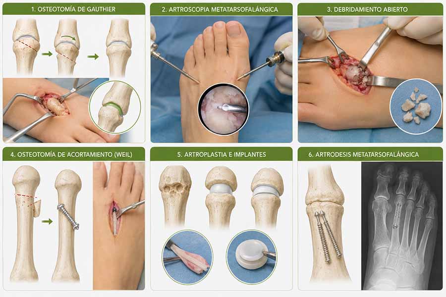 Infografía con las principales técnicas quirúrgicas utilizadas para tratar la enfermedad de Freiberg, incluyendo osteotomía de Gauthier, artroscopia, debridamiento, osteotomía de Weil, artroplastia y artrodesis metatarsofalángica.