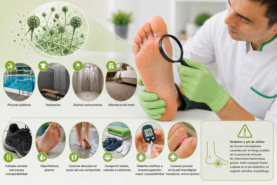 Podólogo explorando un pie con pie de atleta mientras se representan los principales factores de riesgo de contagio, como vestuarios, piscinas, duchas públicas, calzado cerrado y diabetes.