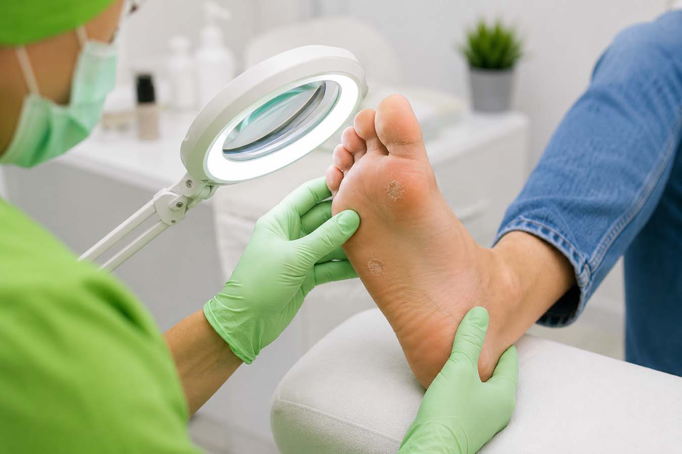 Podólogo realizando la exploración de lesiones dermatológicas del pie para diagnosticar callos, verrugas plantares, hongos y otras alteraciones cutáneas.