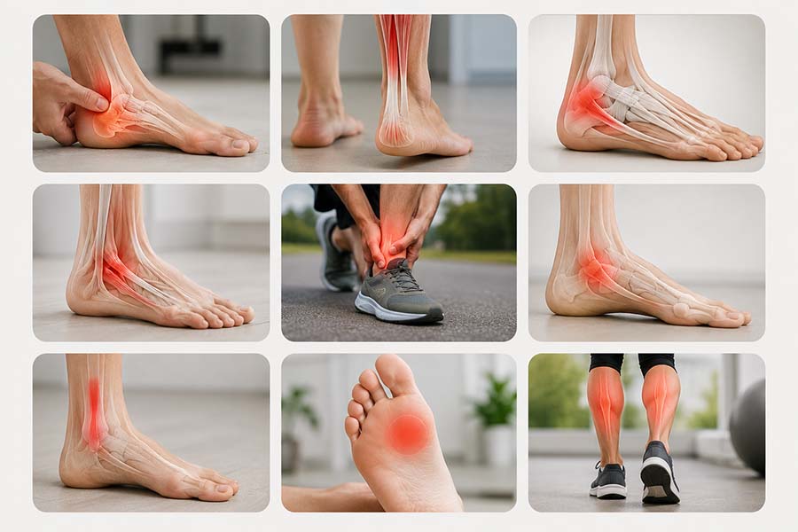 Imagen representativa de las principales lesiones musculares, tendinosas y ligamentosas del pie y del tobillo, incluyendo fascitis plantar, tendinopatías, roturas tendinosas y lesiones ligamentosas.