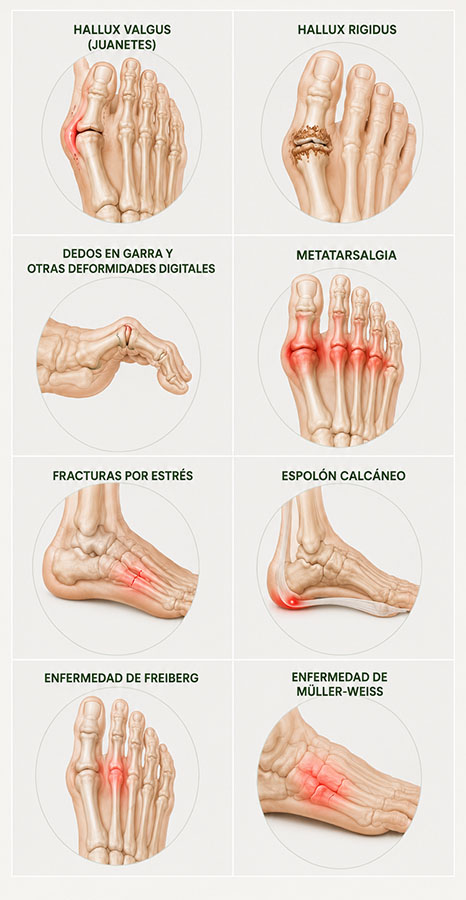 Lesiones óseas y articulares del pie tratadas en CliniSalud Albacete: hallux valgus, hallux rigidus, metatarsalgia, fracturas por estrés, espolón calcáneo, enfermedad de Freiberg y enfermedad de Müller-Weiss