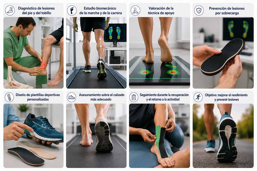 Podólogo deportivo realizando un estudio biomecánico del pie, valorando la técnica de apoyo, el calzado deportivo y las plantillas personalizadas para prevenir lesiones.