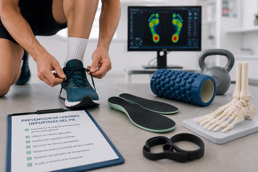 Deportista preparándose para entrenar con calzado deportivo, plantillas personalizadas y estudio biomecánico para prevenir lesiones del pie.
