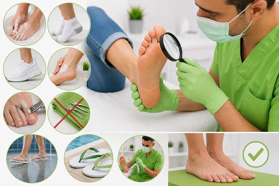 Podólogo realizando una revisión preventiva del pie junto a medidas de higiene, cuidado de las uñas, hidratación y uso de calzado adecuado para prevenir lesiones dermatológicas.