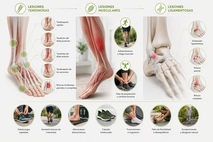 Ilustración médica de las principales lesiones de músculos, tendones y ligamentos del pie, incluyendo tendinopatías, lesiones musculares y esguinces de tobillo.