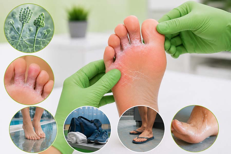 Podólogo explorando un pie con descamación entre los dedos mientras se representan los hongos dermatofitos y los principales factores de riesgo del pie de atleta, como piscinas, vestuarios y ambientes húmedos.