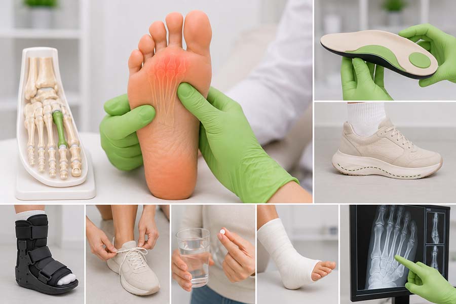 Podólogo realizando el tratamiento conservador de la enfermedad de Freiberg mediante exploración del antepié y uso de plantillas personalizadas para descargar la cabeza del metatarsiano afectado.