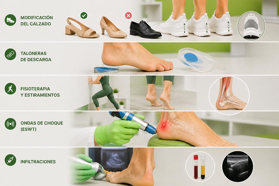 Tratamiento conservador de la enfermedad de Haglund con modificación del calzado, taloneras de silicona, fisioterapia, ondas de choque e infiltraciones ecoguiadas en Albacete.