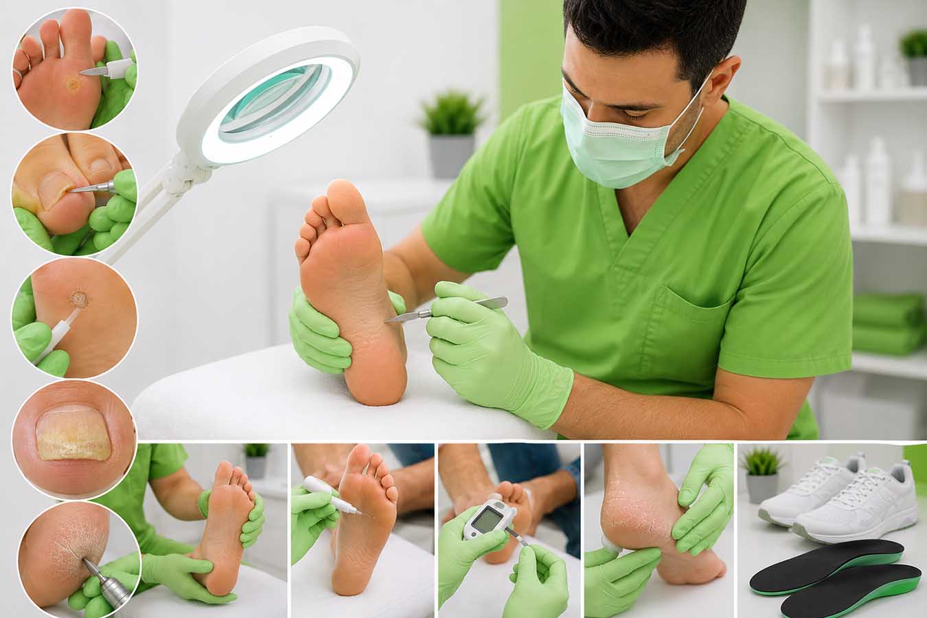 Podólogo realizando el tratamiento de diferentes lesiones dermatológicas del pie, como callos, papilomas plantares, uñas encarnadas, hongos y grietas del talón.
