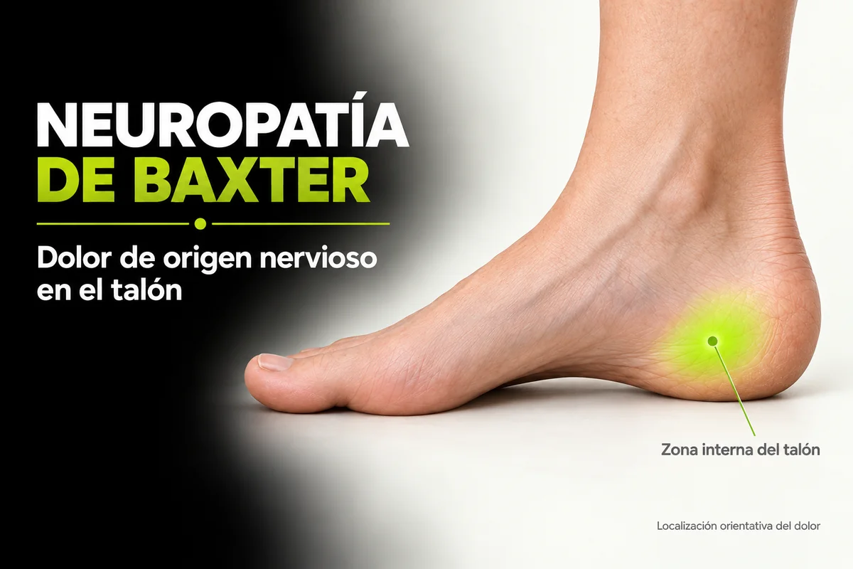 Vista interna de un pie con la zona del talón resaltada como localización orientativa del dolor de Baxter.