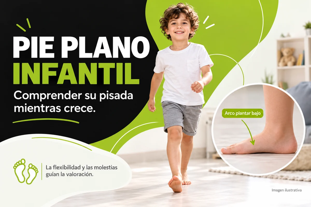 Ilustración de un niño caminando y un detalle del arco plantar bajo en el pie plano infantil.