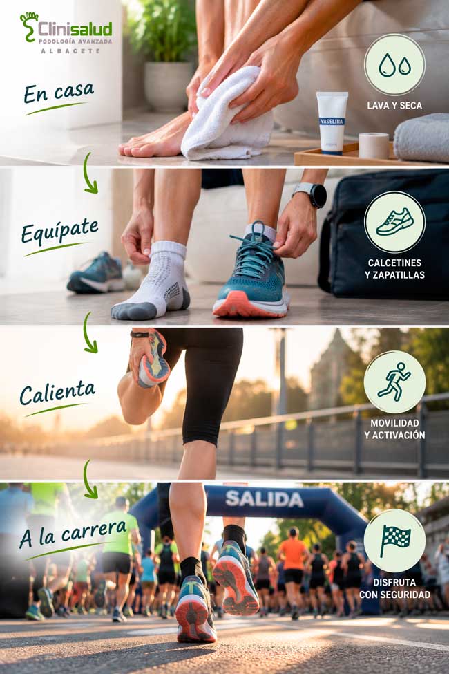 Infografía con pasos para lavar, equipar, calentar y cuidar los pies antes de una carrera popular