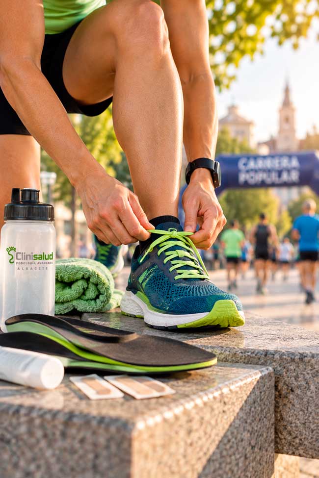 Corredor ajustándose las zapatillas antes de una carrera popular