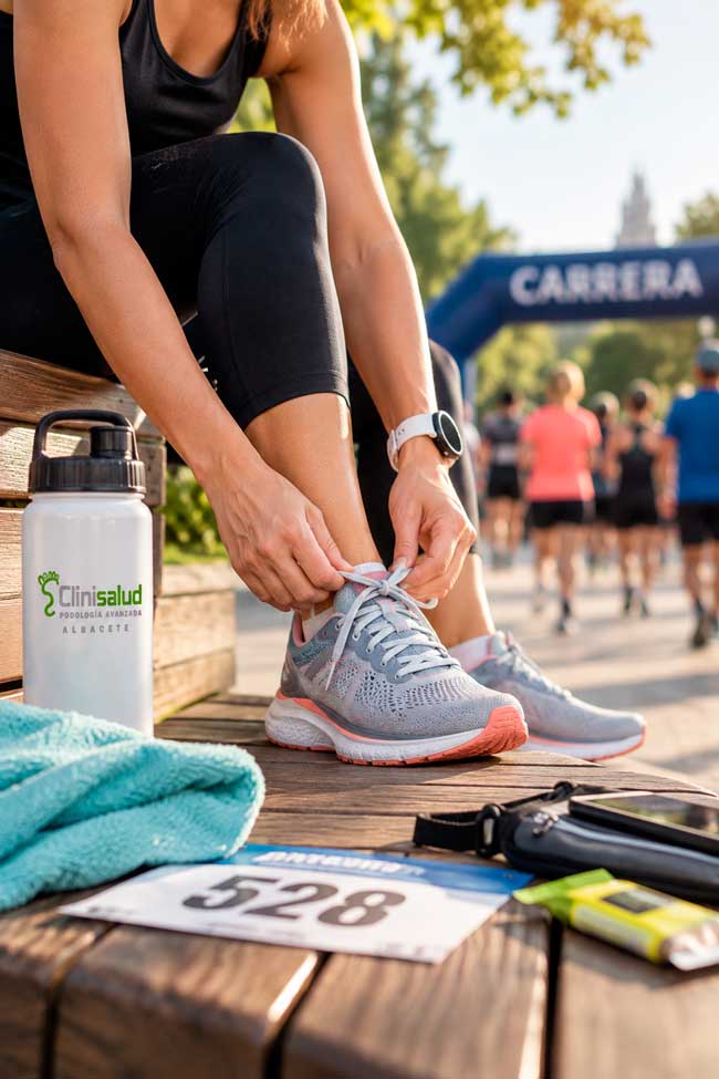 Corredora ajustándose las zapatillas junto al dorsal antes de una carrera popular