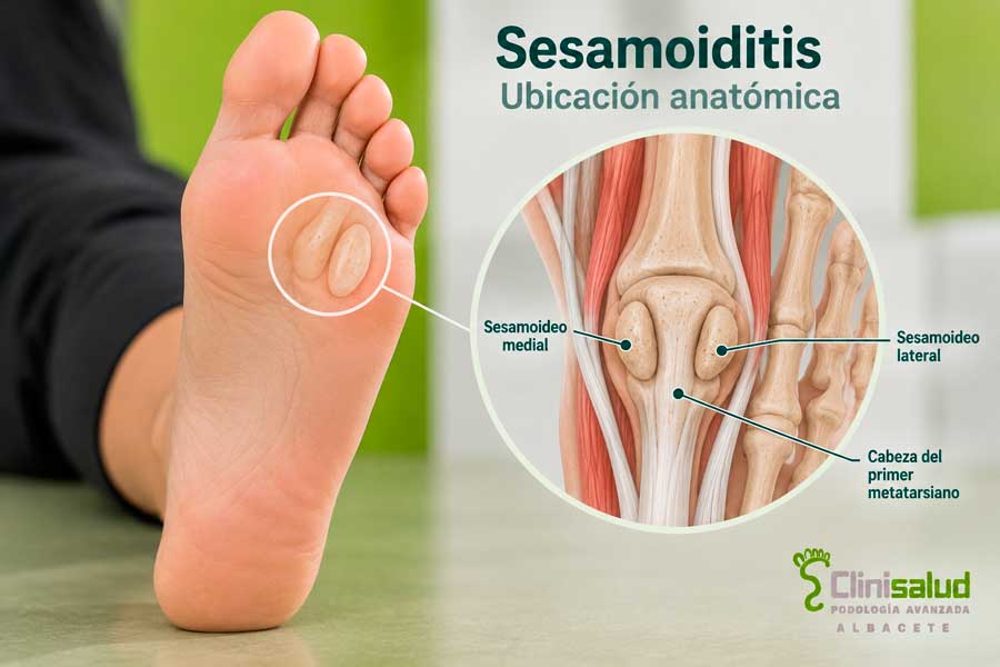 Anatomía de los sesamoideos bajo el dedo gordo, zona evaluada para el tratamiento de la sesamoiditis